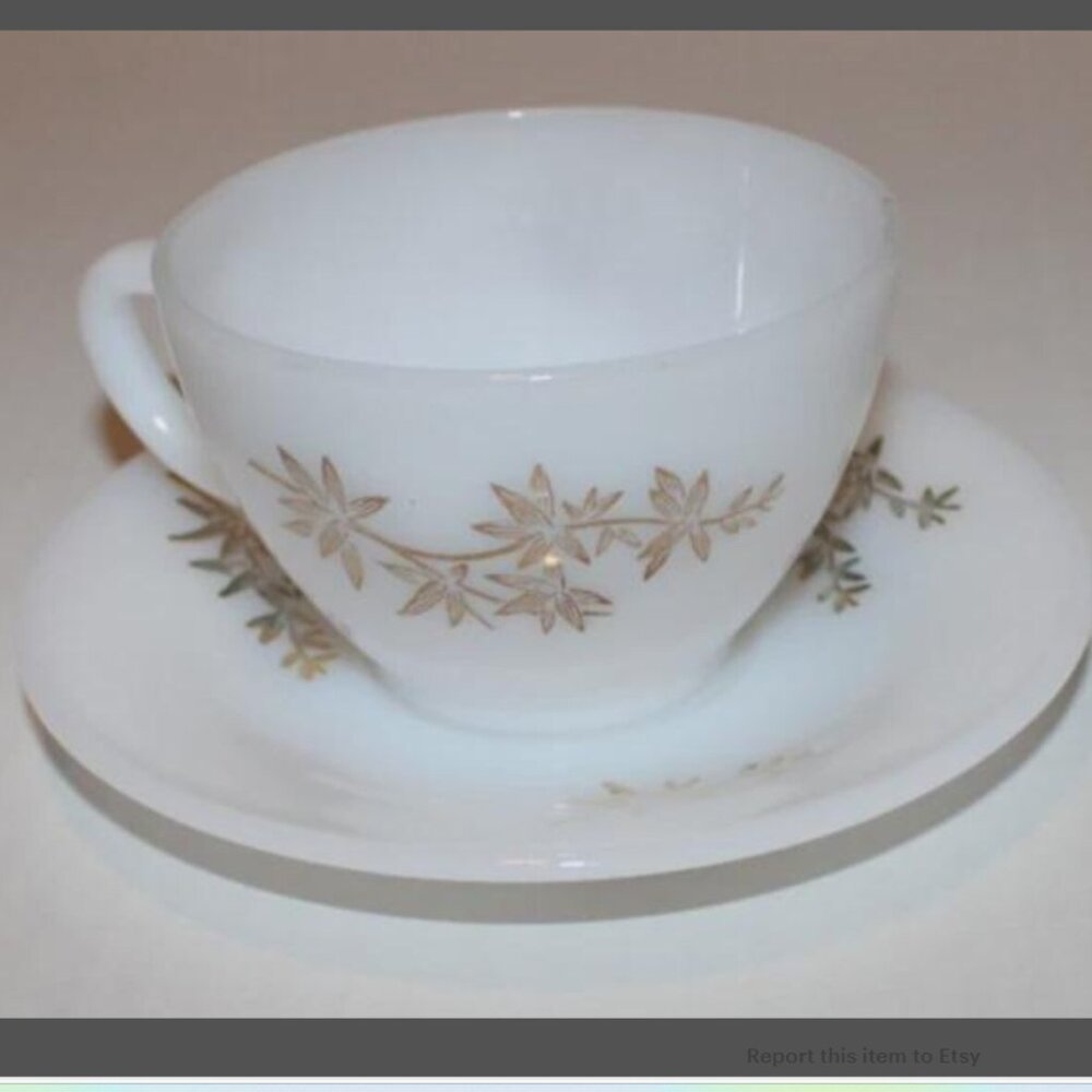 Vintage Federal Glass White Gold Teacup and Saucer Set "F" Heat Proof USA